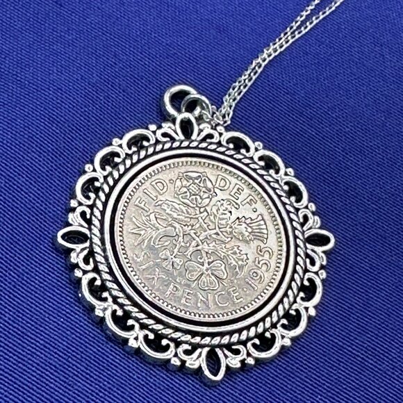 Sterling Chain 1955 Sixpence Coin Pendant Necklace - Picture 3 of 13
